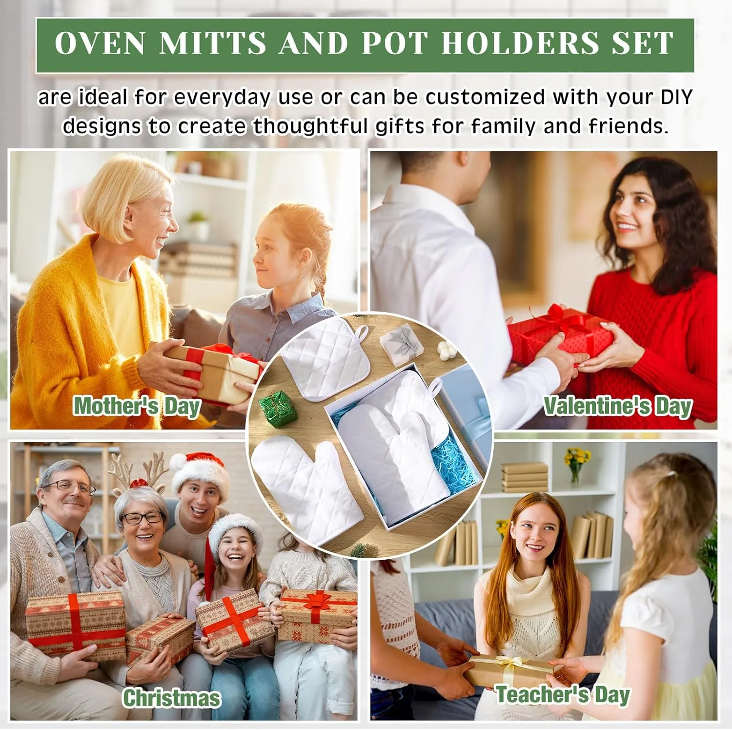 Hoolerry 24 Pcs Blank Sublimation Oven Mitts Set Include Sublimation Pot Holders Bulk DIY Heat Resistance Oven Gloves with Hanging Loops Pads for Spring Teacher Kitchen Baking Gifts (White)