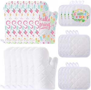 Hoolerry 24 Pcs Blank Sublimation Oven Mitts Set Include Sublimation Pot Holders Bulk DIY Heat Resistance Oven Gloves with Hanging Loops Pads for Spring Teacher Kitchen Baking Gifts (White)