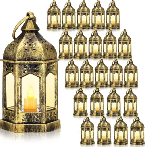 Hortsun 24 Pcs Vintage LED Lantern for Centerpiece Wedding Decorative Lantern with Flickery Candle Battery Powered Wedding Festival Hanging Tealight Ramadan Christmas Party Decoration(Gold)