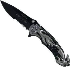 Hot Leathers KNA1067 3.25" Flaming Skull Knife with Half Serrated Blade