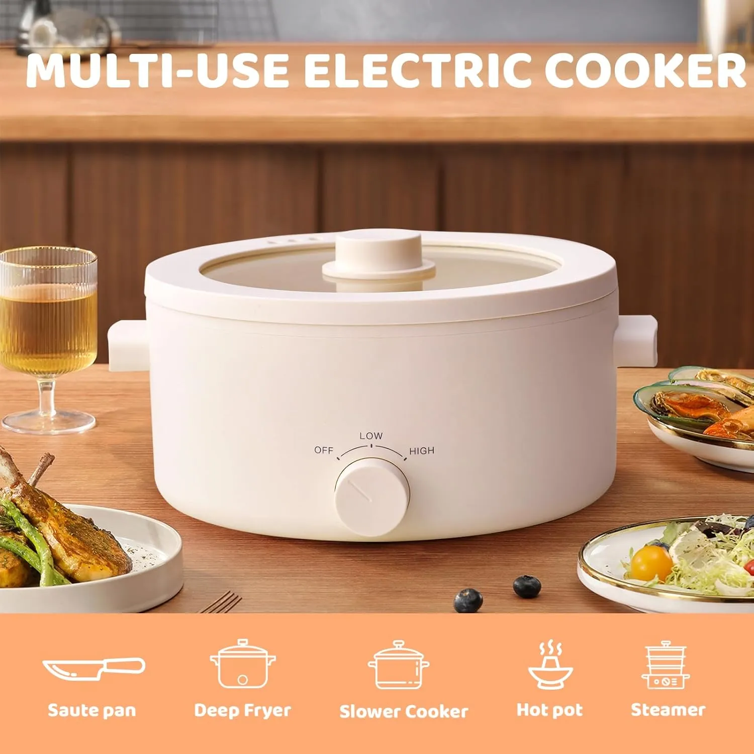 Hot Pot Electric, 3L Portable Electric Pot with Ceramic Non-stick Coating, Dual Power Multi-functional Romen Cooker for Steak, Pasta, Hot Pot, Ramen, Quick Heating and Overheat Protection