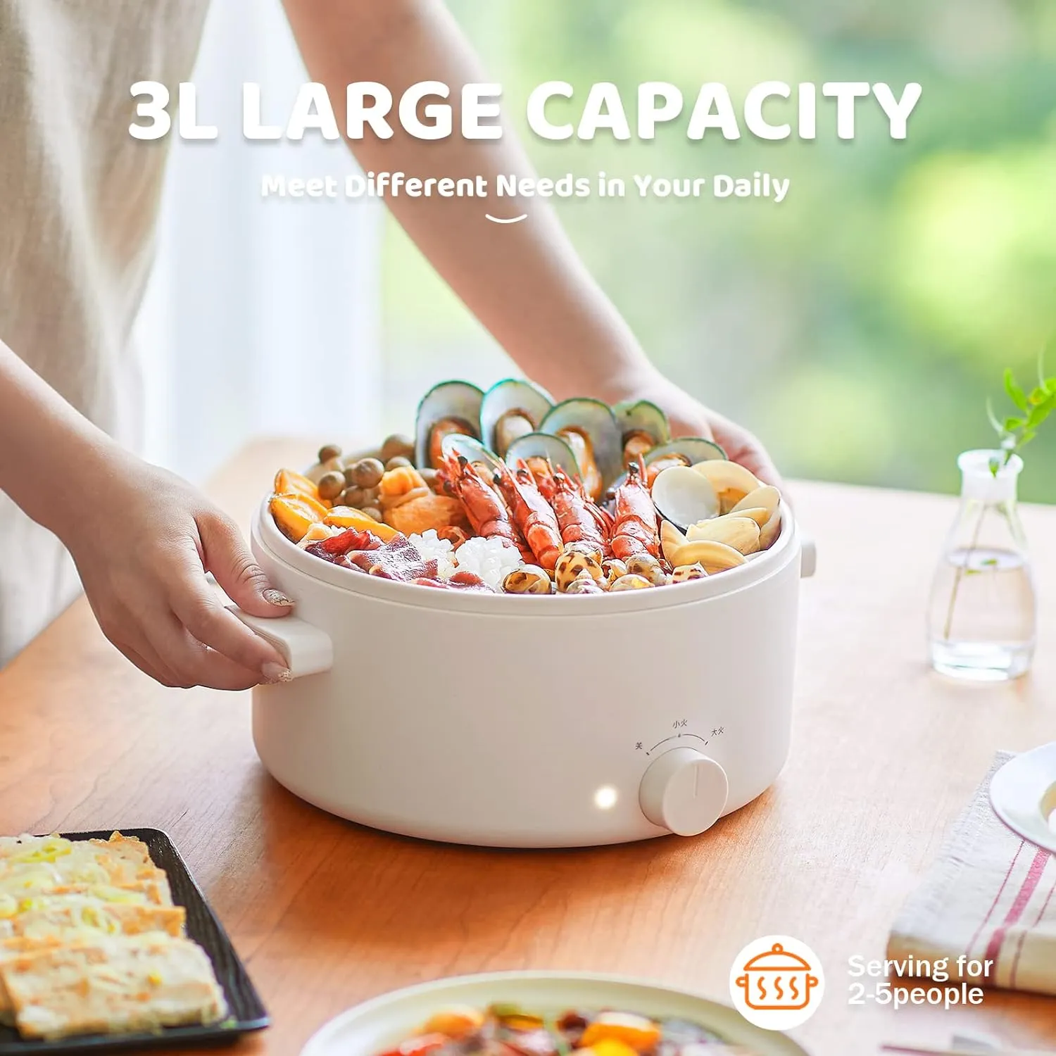 Hot Pot Electric, 3L Portable Electric Pot with Ceramic Non-stick Coating, Dual Power Multi-functional Romen Cooker for Steak, Pasta, Hot Pot, Ramen, Quick Heating and Overheat Protection
