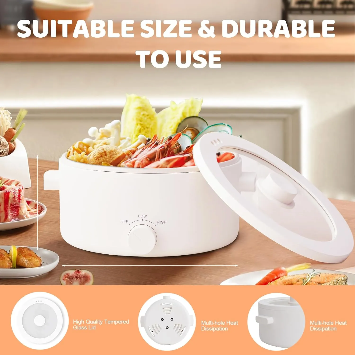 Hot Pot Electric, 3L Portable Electric Pot with Ceramic Non-stick Coating, Dual Power Multi-functional Romen Cooker for Steak, Pasta, Hot Pot, Ramen, Quick Heating and Overheat Protection
