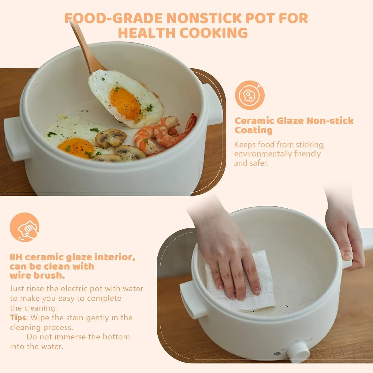 Hot Pot Electric, 3L Portable Electric Pot with Ceramic Non-stick Coating, Dual Power Multi-functional Romen Cooker for Steak, Pasta, Hot Pot, Ramen, Quick Heating and Overheat Protection