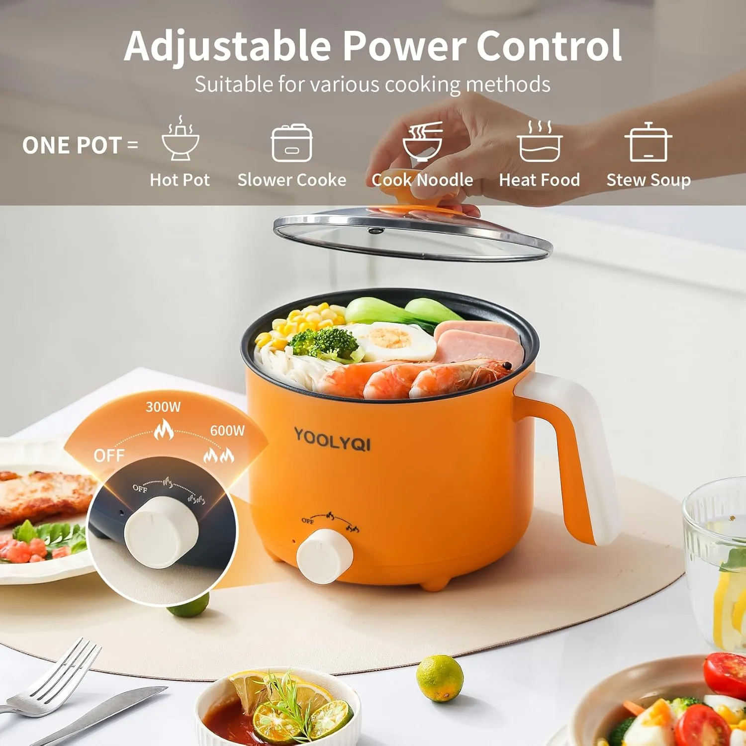Hot Pot Electric Ramen Cooker: YOOLYQI 1.5 L Portable Lazy Pot, Dual Power Regulation, Suitable for Ramen,Noodles, Soup, Oatmeal Non-Stick Pot, Dorm, Office Must Have Multi Shabu Shabu Pot