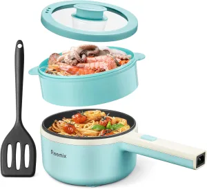 Hot Pot Electric With Steamer, 1.6L Ramen Cooker Non-Stick Sauté Pan for Steak, Egg, Fried Rice, Ramen, Oatmeal, Soup, Portable Personal Perfect Suit Dorm Room and Apartment (Aqua)