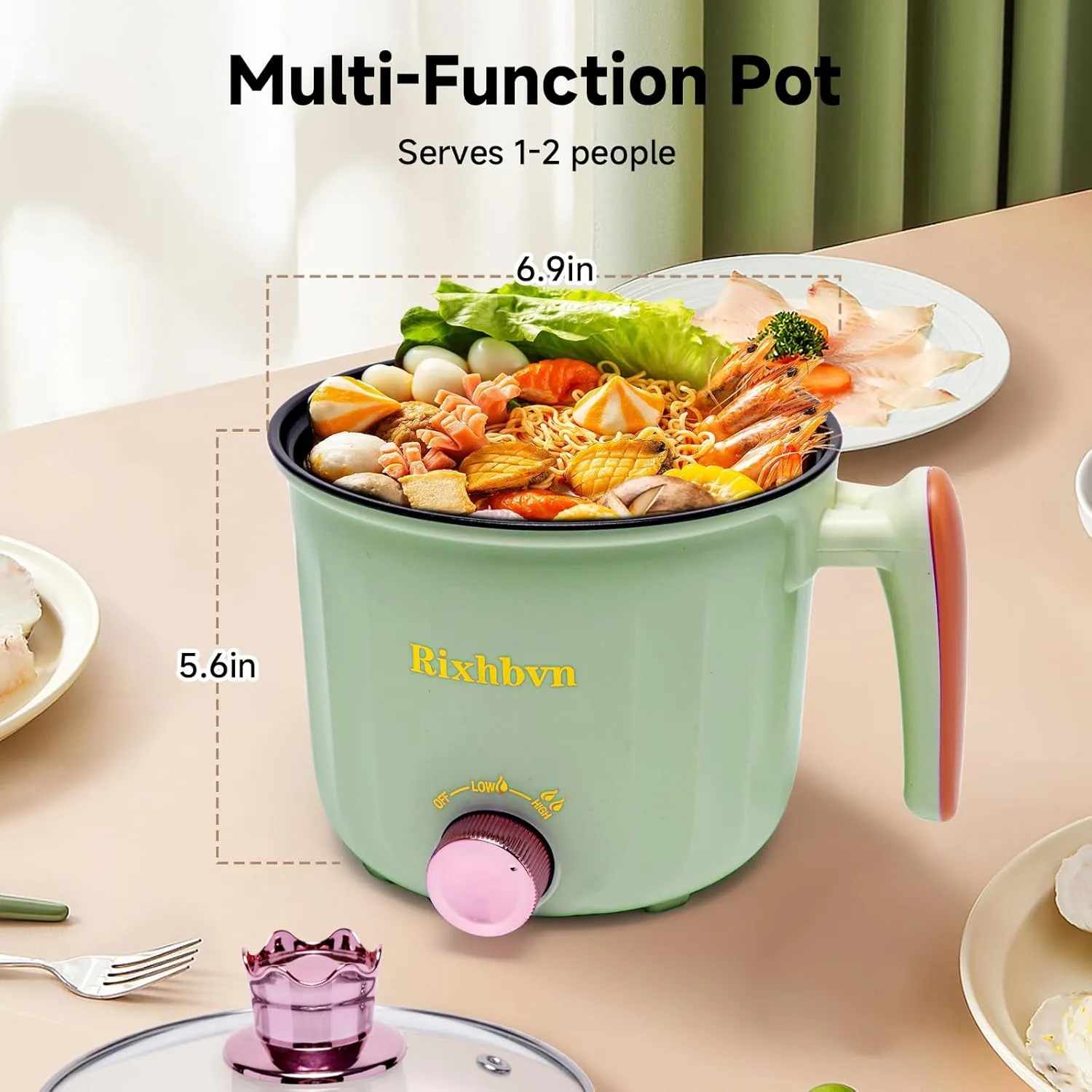 Hot Pot Electric with Steamer, Rapid Noodles Cooker,Non-Stick Electric Pot for Raman, Soup, Noodles, Steak, Oatmeal, Rapid, with Temperature control, (Rotary switch), 1.8L,Green