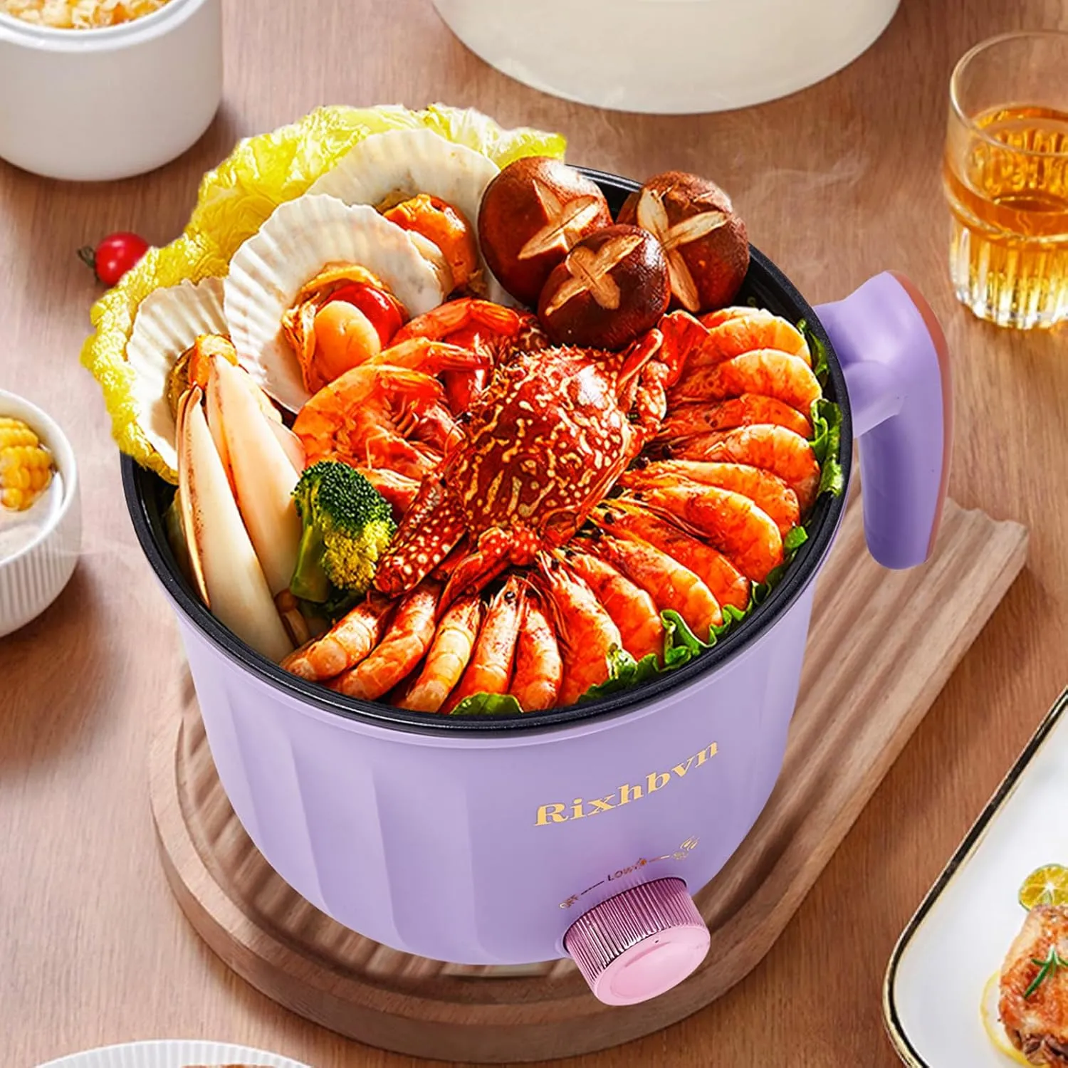 Hot Pot Electric with Steamer, Rapid Noodles Cooker,Non-Stick Electric Pot for Raman, Soup, Noodles, Steak, Oatmeal, Rapid, with Temperature control, (Rotary switch), 1.8L,Purple