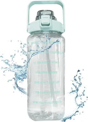 HOTBEST 64oz/2L Inspirational Water Bottle with Straw & Time Capacity Marker, Sports Water Bottle, BPA-free Non-Toxic Daily Water Intake Bottle, Leakproof Water Bottle (Light Green)