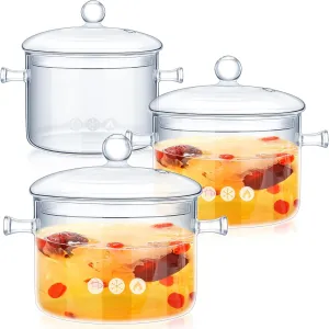Hsei 3 Pcs Glass Simmer Pot Heat Resistant Clear 1.3 1.5 1.9 L Saucepan with Cover Handle Glass Pots for Cooking Cookware Stovetop and Pan with Lid for Pasta Noodle(Trendy)