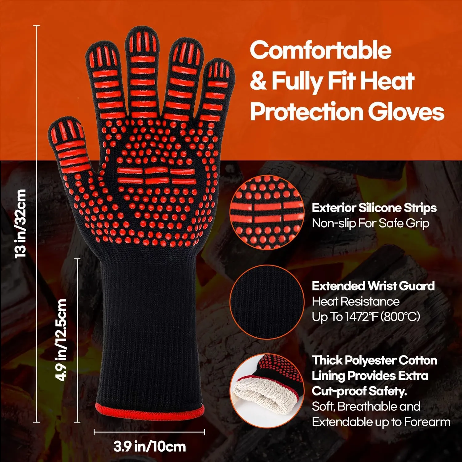 HubiCare Grill Gloves Heat Resistant Fire Resistant Oven Gloves, 1472°F/800°C Heat Resistant Oven Gloves