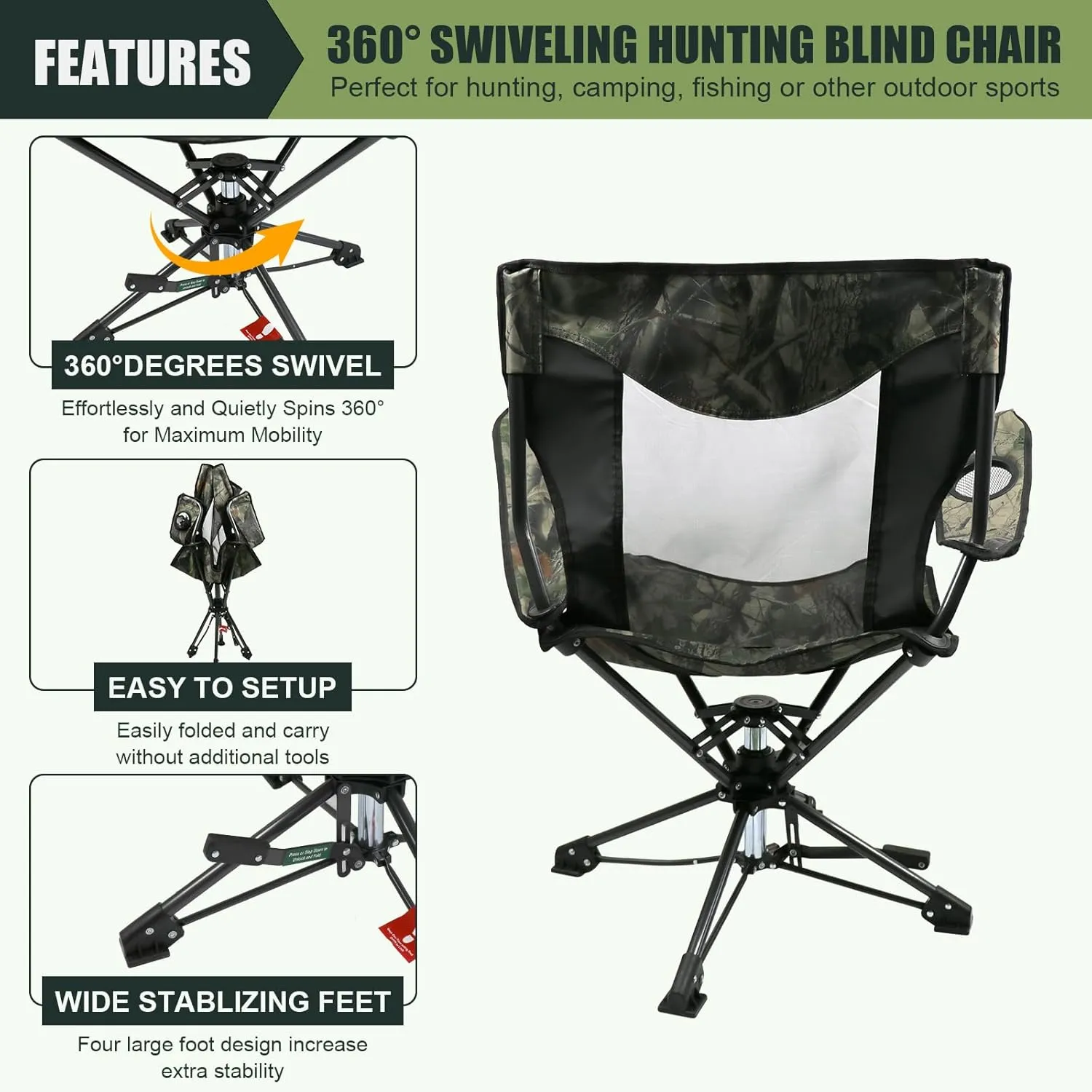 HUNTPAL 360° Swivel Hunting Chair for Blinds, Foldable Steel Frame with Armrests, Rotary Locking, Cup Holder & Shoulder Strap, Water-Resistant 600D Canvas Outdoor Seat for Hunting & Fishing