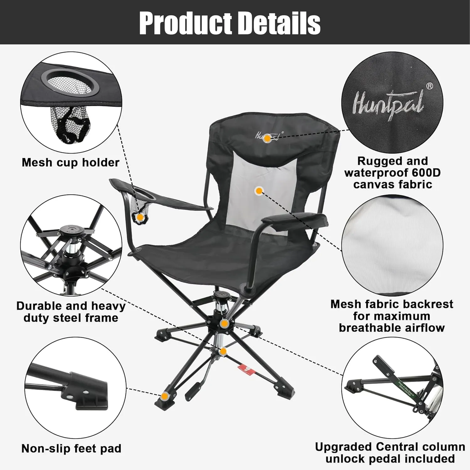 HUNTPAL 360° Swivel Hunting Chair for Blinds, Foldable Steel Frame with Armrests, Rotary Locking, Cup Holder & Shoulder Strap, Water-Resistant 600D Canvas Outdoor Seat for Hunting & Fishing