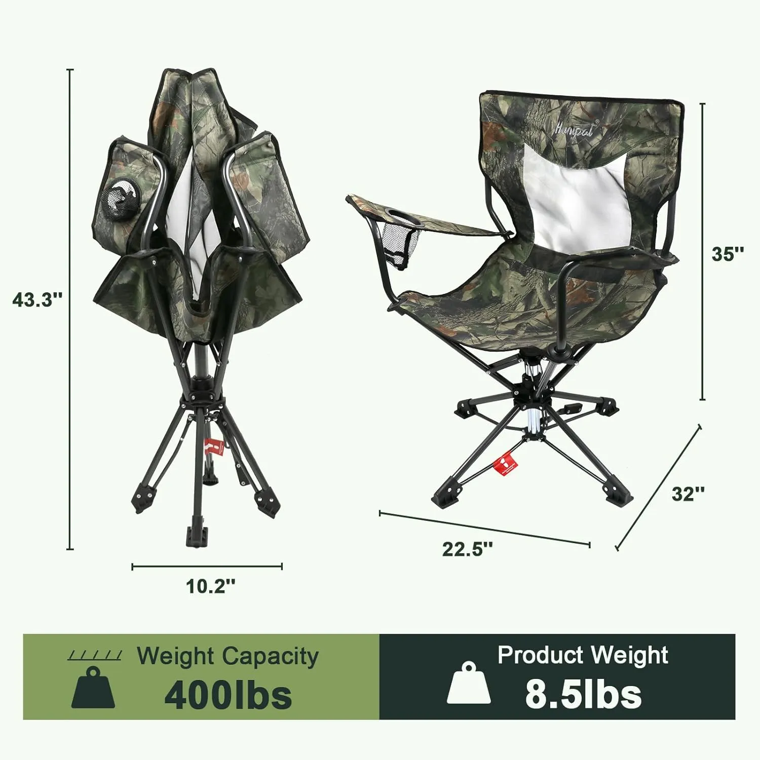 HUNTPAL 360° Swivel Hunting Chair for Blinds, Foldable Steel Frame with Armrests, Rotary Locking, Cup Holder & Shoulder Strap, Water-Resistant 600D Canvas Outdoor Seat for Hunting & Fishing