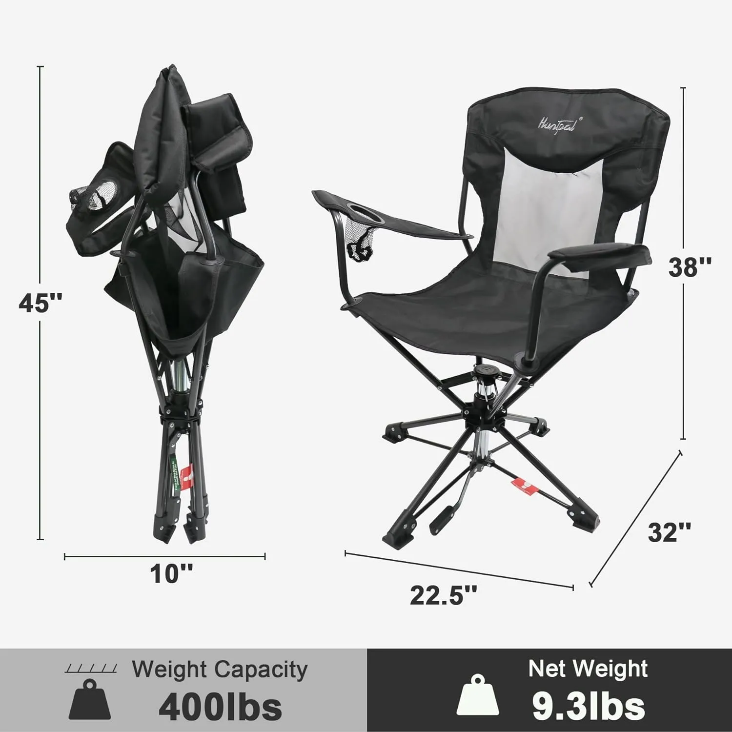 HUNTPAL 360° Swivel Hunting Chair for Blinds, Foldable Steel Frame with Armrests, Rotary Locking, Cup Holder & Shoulder Strap, Water-Resistant 600D Canvas Outdoor Seat for Hunting & Fishing