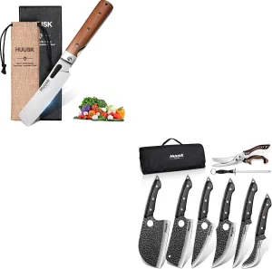 Huusk Serbian Chef Knife Set - 6Pcs Bundle with a Japanese Pocket Chef Knife with 440C Stainless Steel，Viking Boning Knives with Bag for Kitchen Outdoor BBQ Camping, Birthday Gift Idea Men