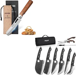 Huusk Serbian Chef Knife Set - 6Pcs Bundle with a Portable Bread Knife with Wide Wavy Edge for Steak,Viking Boning Knives with Bag for Kitchen Outdoor BBQ Camping,Birthday Gift Idea Men