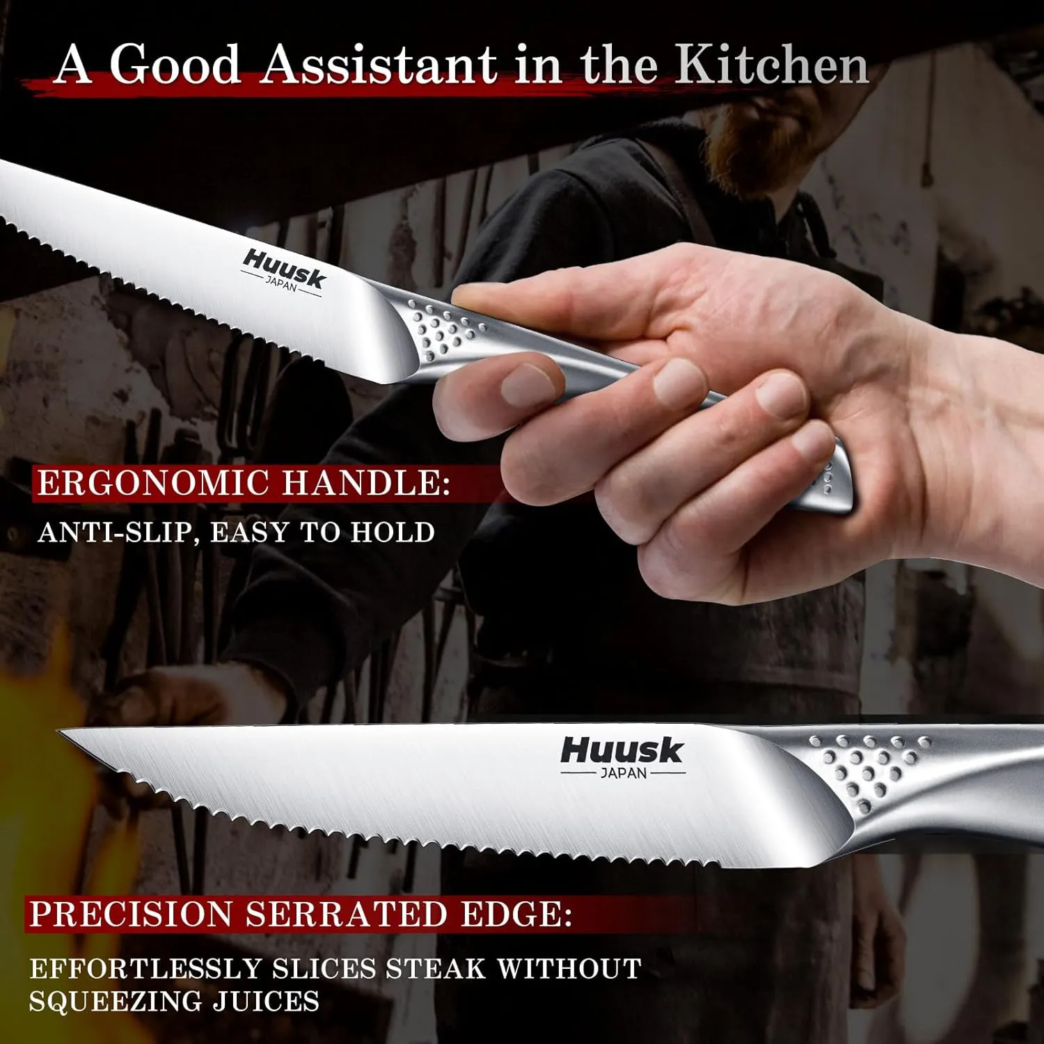 Huusk Serrated Steak Knives Set, 4.5" Japanese Stainless Steel Steak Knives Set of 8, Sharp Dishwasher Safe Dinner Knife for Kitchen Table with Gift Box