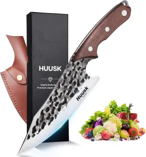Huusk Viking Knife with Sheath - Hand Forged Boning Knife for Meat Cutting, Japanese Chef Knives for Kitchen, Outdoor Camping, Christmas Gifts Idea