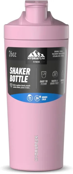 Hydrapeak Insulated 26oz Shaker Bottle, Gym Protein Shake Mixer, Stainless Steel, Pink