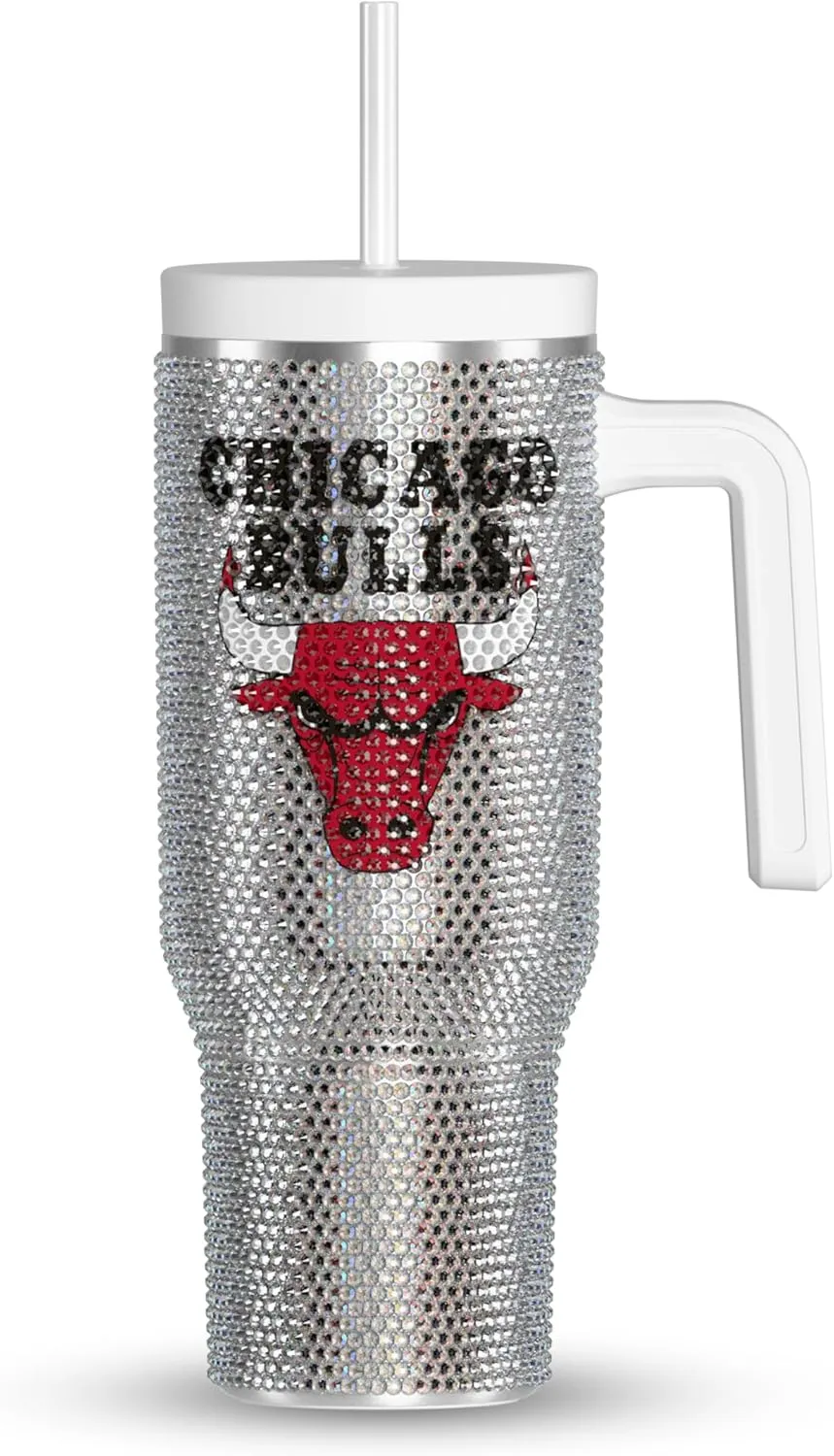 Hydrapeak x NBA Officially Licensed Chicago Bulls Voyager 40 oz Stainless Steel Bling Tumbler with Handle, Insulated Rhinestone Water Bottle With Straw & Lid, Includes Gift Box