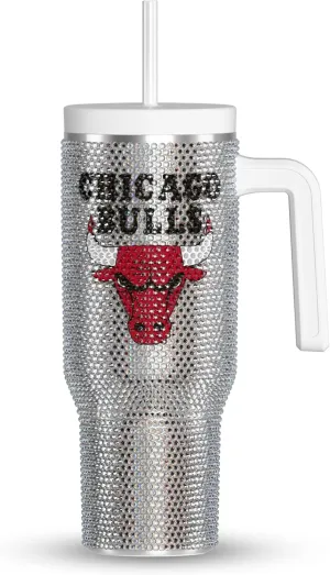 Hydrapeak x NBA Officially Licensed Chicago Bulls Voyager 40 oz Stainless Steel Bling Tumbler with Handle, Insulated Rhinestone Water Bottle With Straw & Lid, Includes Gift Box