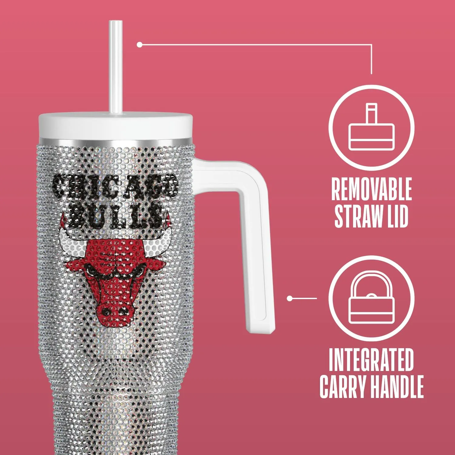 Hydrapeak x NBA Officially Licensed Chicago Bulls Voyager 40 oz Stainless Steel Bling Tumbler with Handle, Insulated Rhinestone Water Bottle With Straw & Lid, Includes Gift Box