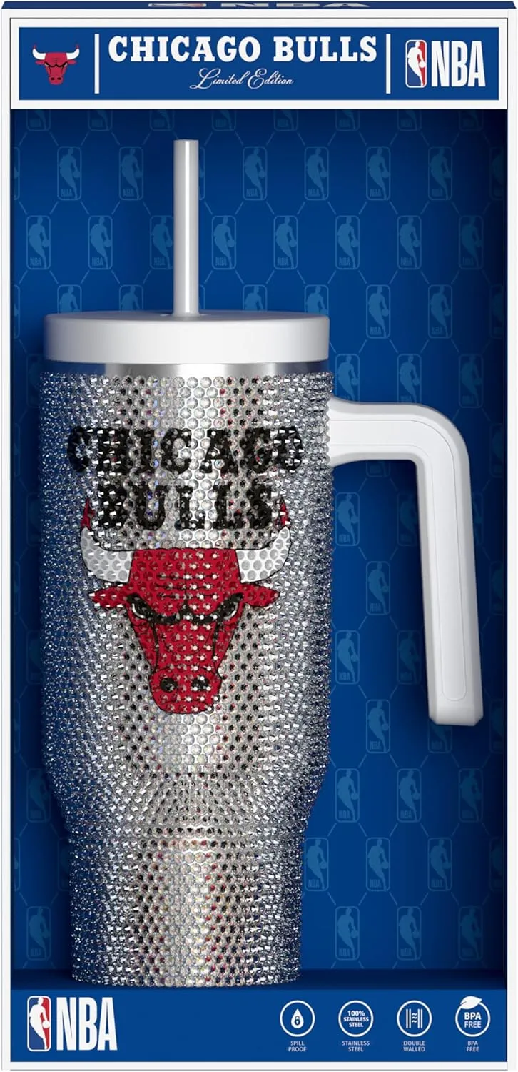 Hydrapeak x NBA Officially Licensed Chicago Bulls Voyager 40 oz Stainless Steel Bling Tumbler with Handle, Insulated Rhinestone Water Bottle With Straw & Lid, Includes Gift Box