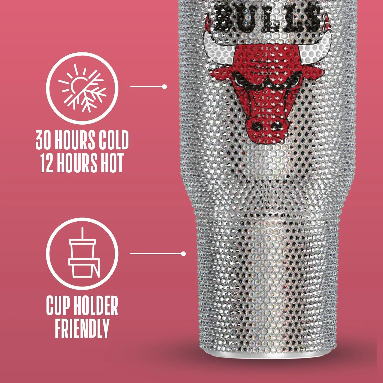 Hydrapeak x NBA Officially Licensed Chicago Bulls Voyager 40 oz Stainless Steel Bling Tumbler with Handle, Insulated Rhinestone Water Bottle With Straw & Lid, Includes Gift Box