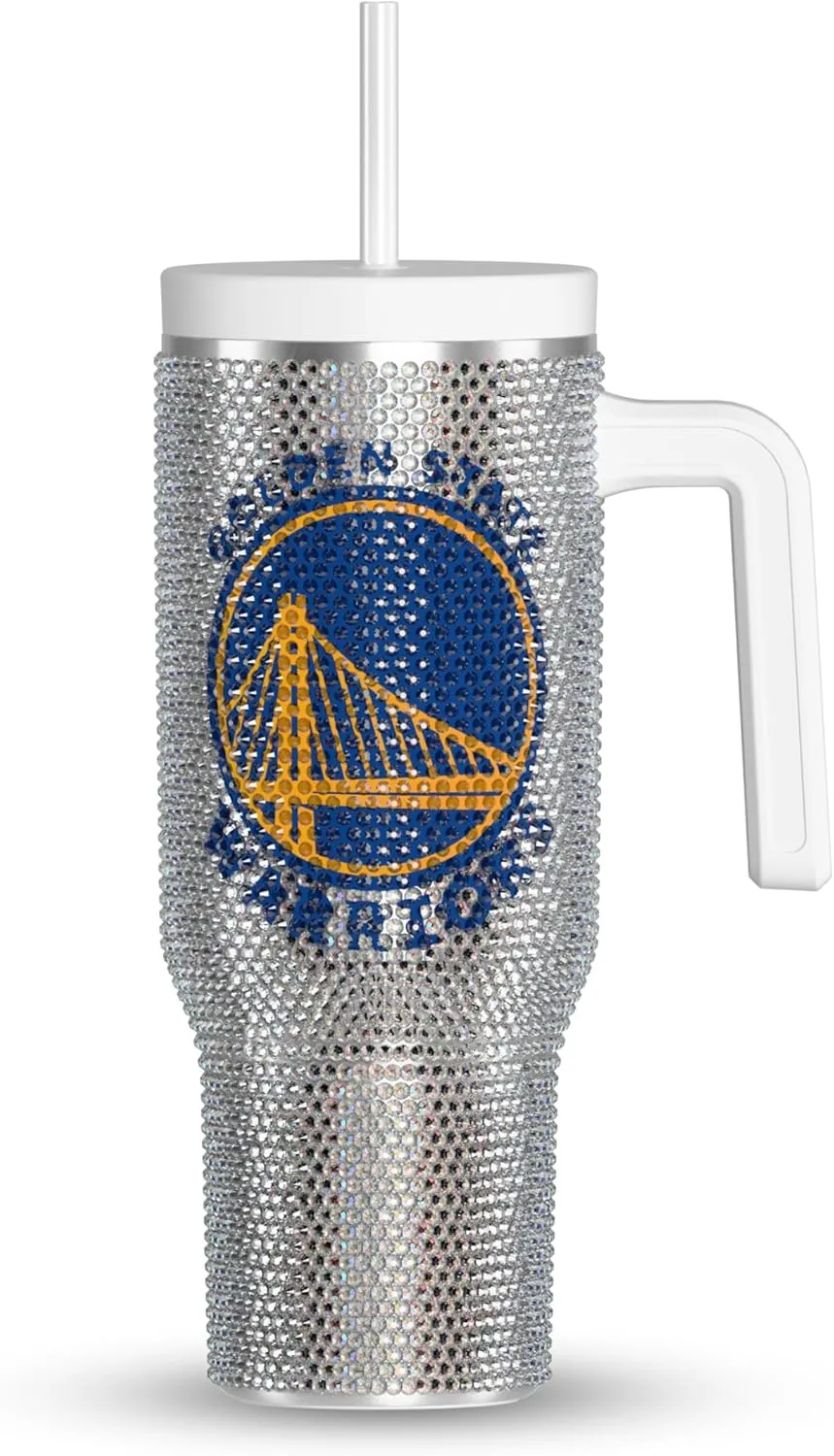Hydrapeak x NBA Officially Licensed Golden State Warriors Voyager 40 oz Stainless Steel Bling Tumbler with Handle, Insulated Rhinestone Water Bottle With Straw & Lid, Includes Gift Box