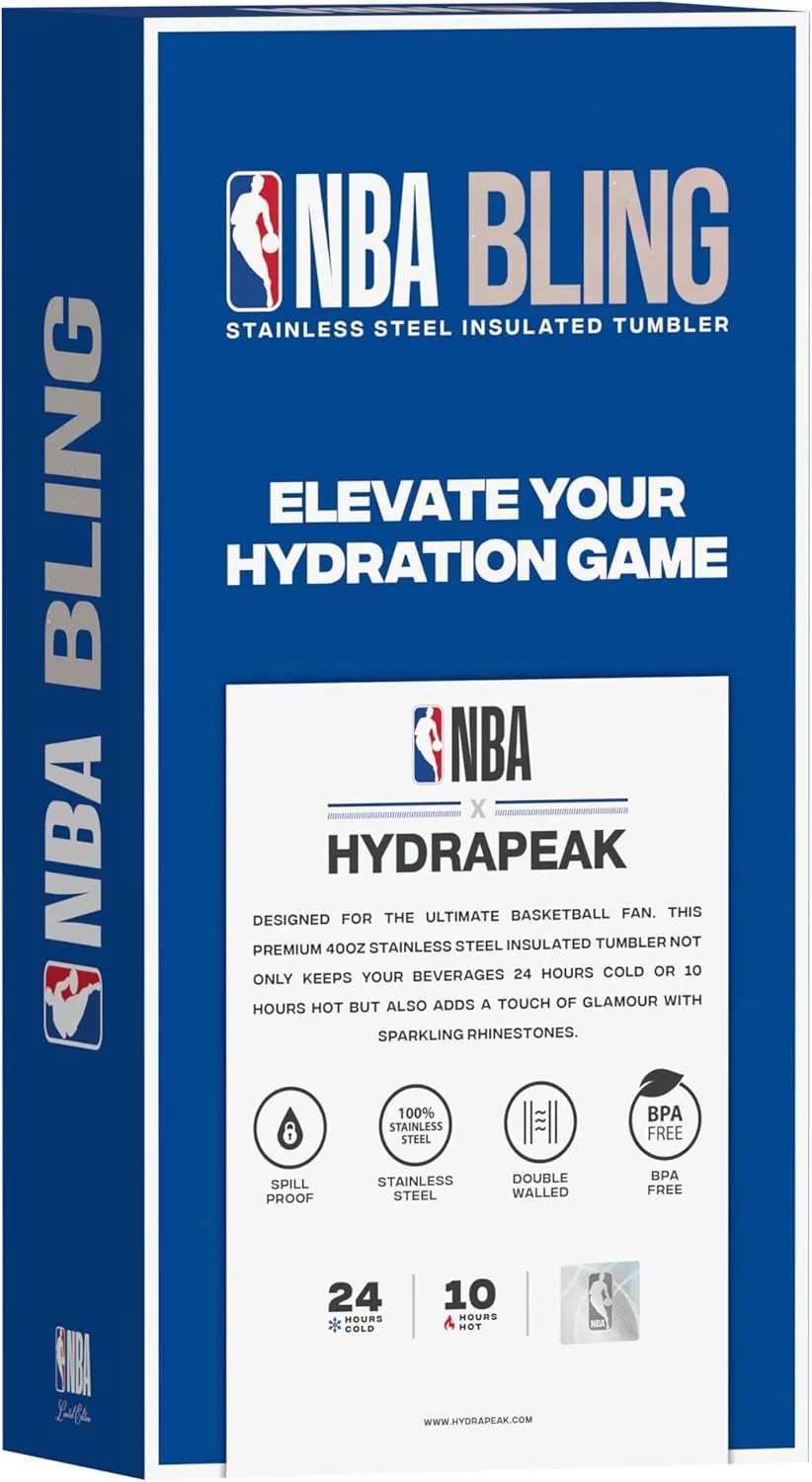 Hydrapeak x NBA Officially Licensed Golden State Warriors Voyager 40 oz Stainless Steel Bling Tumbler with Handle, Insulated Rhinestone Water Bottle With Straw & Lid, Includes Gift Box