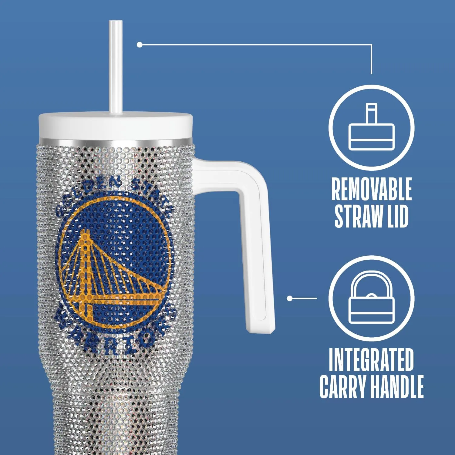 Hydrapeak x NBA Officially Licensed Golden State Warriors Voyager 40 oz Stainless Steel Bling Tumbler with Handle, Insulated Rhinestone Water Bottle With Straw & Lid, Includes Gift Box