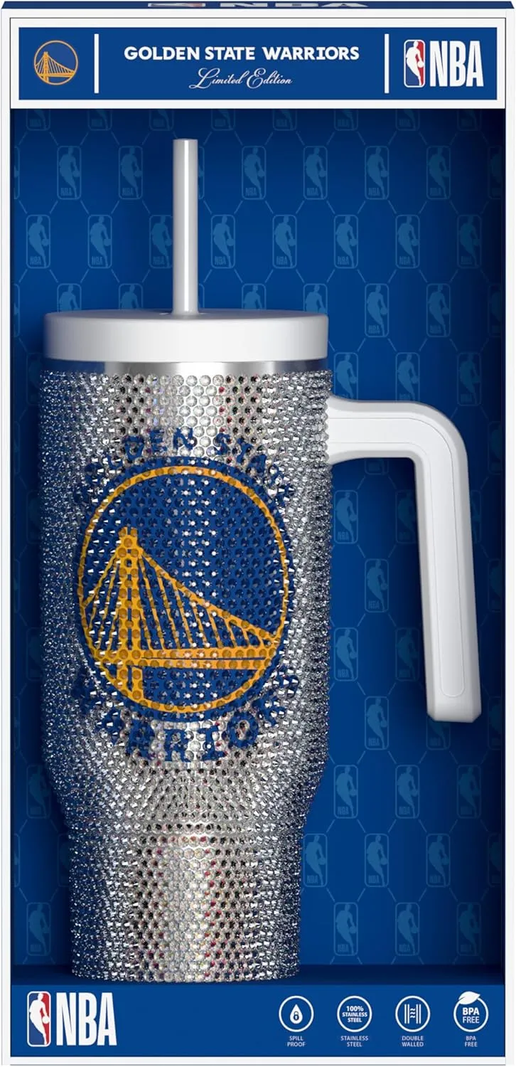 Hydrapeak x NBA Officially Licensed Golden State Warriors Voyager 40 oz Stainless Steel Bling Tumbler with Handle, Insulated Rhinestone Water Bottle With Straw & Lid, Includes Gift Box