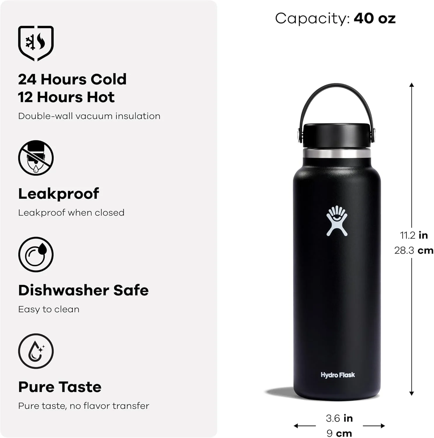 Hydro Flask Wide Mouth vacuum insulated stainless steel water bottle with leakproof closeable lid for cold water drinks, sports, travel, car and school