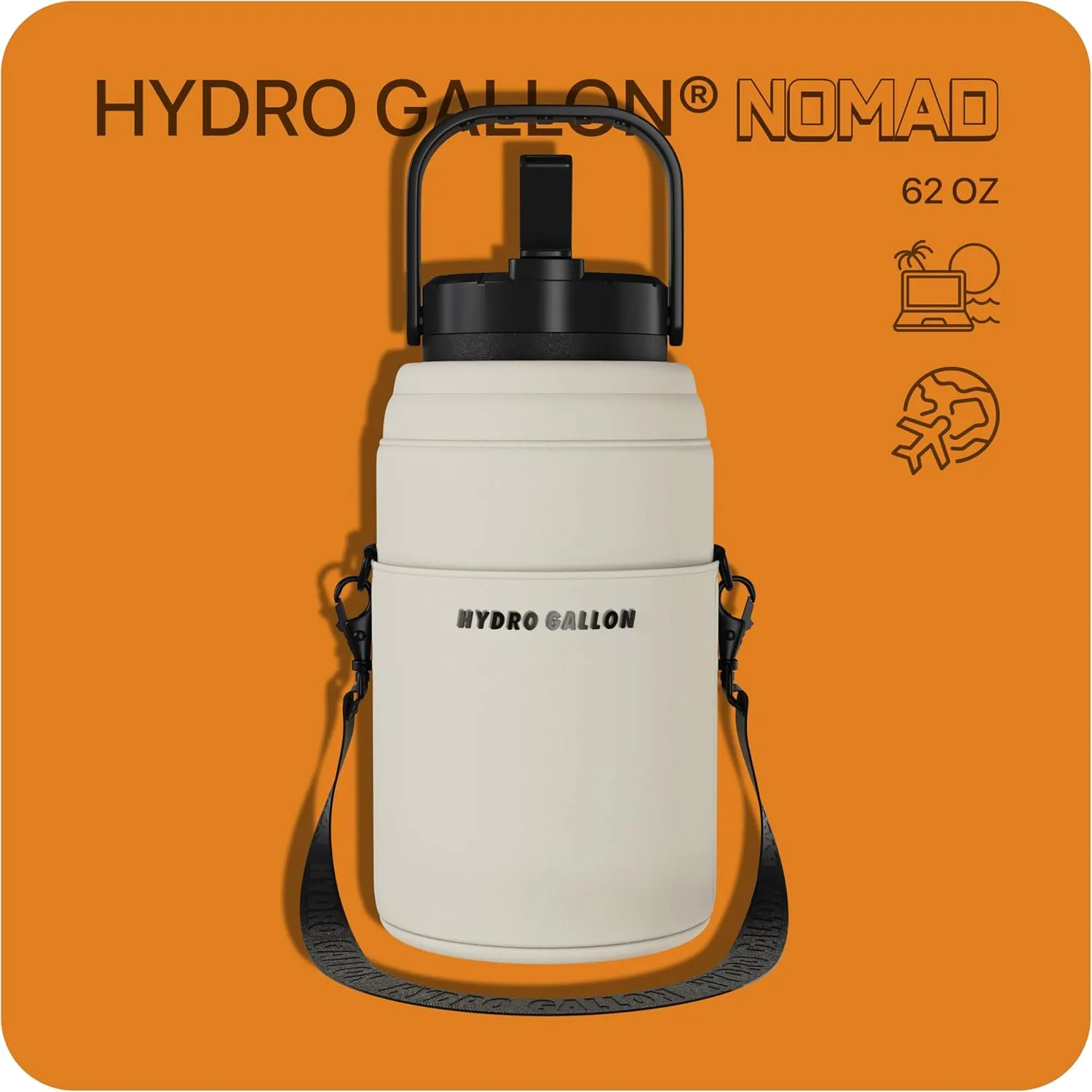 Hydro Gallon® Nomad - Insulated 64oz Half Gallon Water Bottle Jug with Sleeve, Straw Lid, Handle, Strap, Pockets. Large Stainless Steel Metal Gym Thermos. Wide mouth, Leakproof, BPA free. 62oz (Beige)