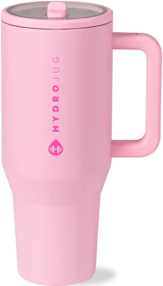 HydroJug Traveler - 40 oz Water Bottle with Handle & Flip Straw - Fits in Cup Holder, Leak Resistant Tumbler-Reusable Insulated Stainless Steel & Rubber Base - Gifts for Women & Men, Blush