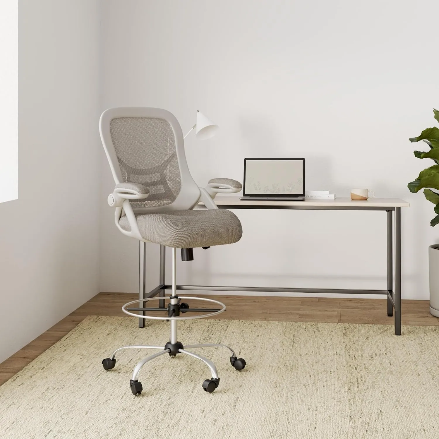 HYLONE Drafting Chair, Tall Office Chair Standing Desk Stool with Adjustable Foot Ring, Flip-Up Arms, Mesh High-Back Drafting Table Chair, White & Grey