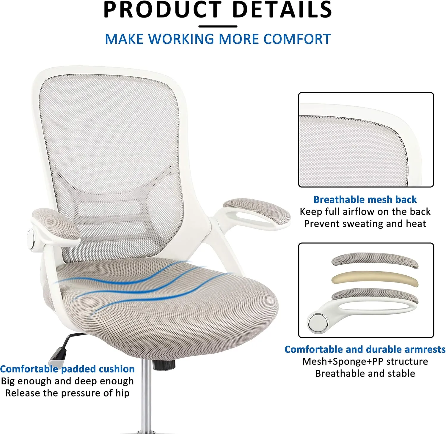 HYLONE Drafting Chair, Tall Office Chair Standing Desk Stool with Adjustable Foot Ring, Flip-Up Arms, Mesh High-Back Drafting Table Chair, White & Grey