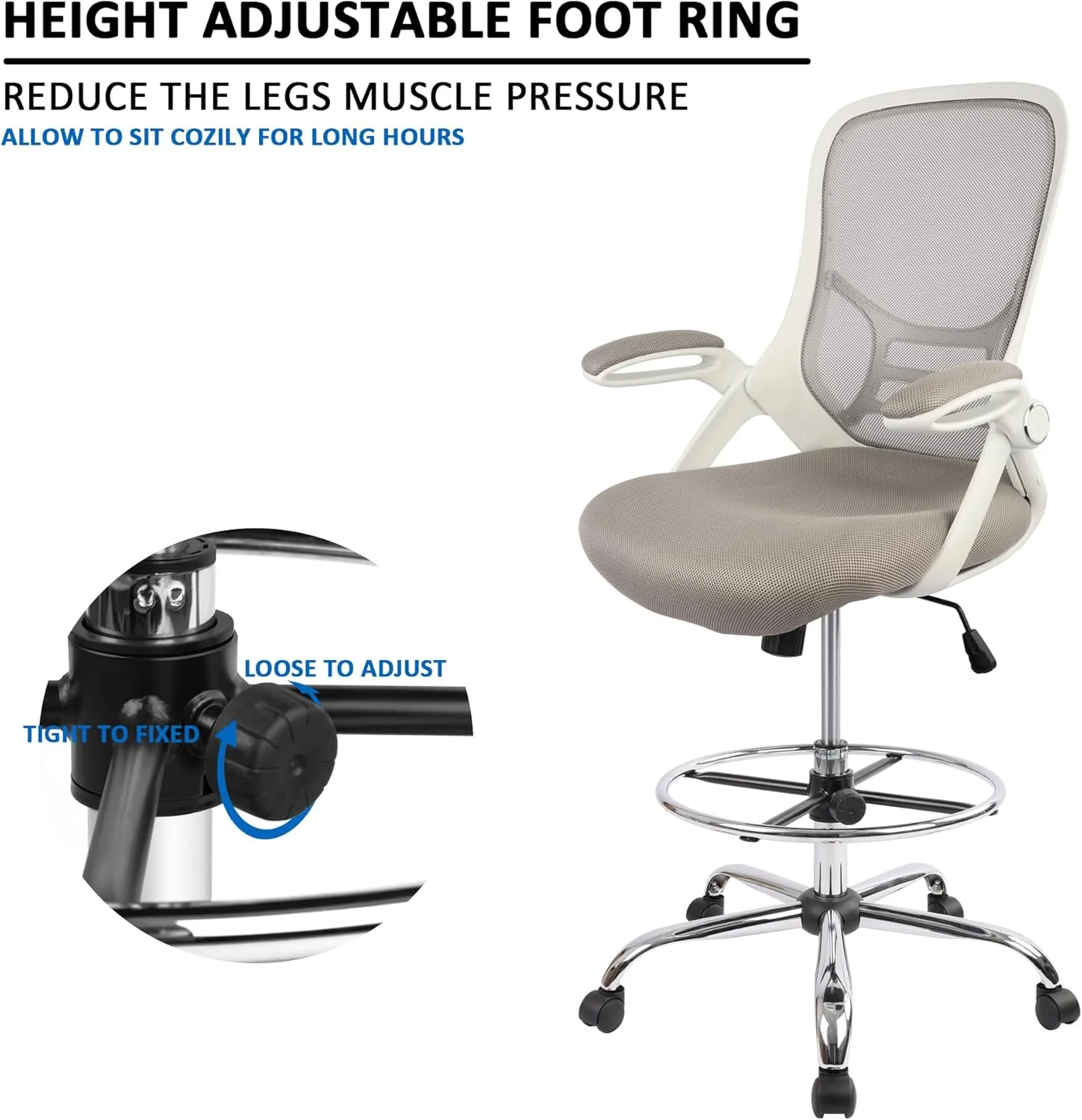 HYLONE Drafting Chair, Tall Office Chair Standing Desk Stool with Adjustable Foot Ring, Flip-Up Arms, Mesh High-Back Drafting Table Chair, White & Grey