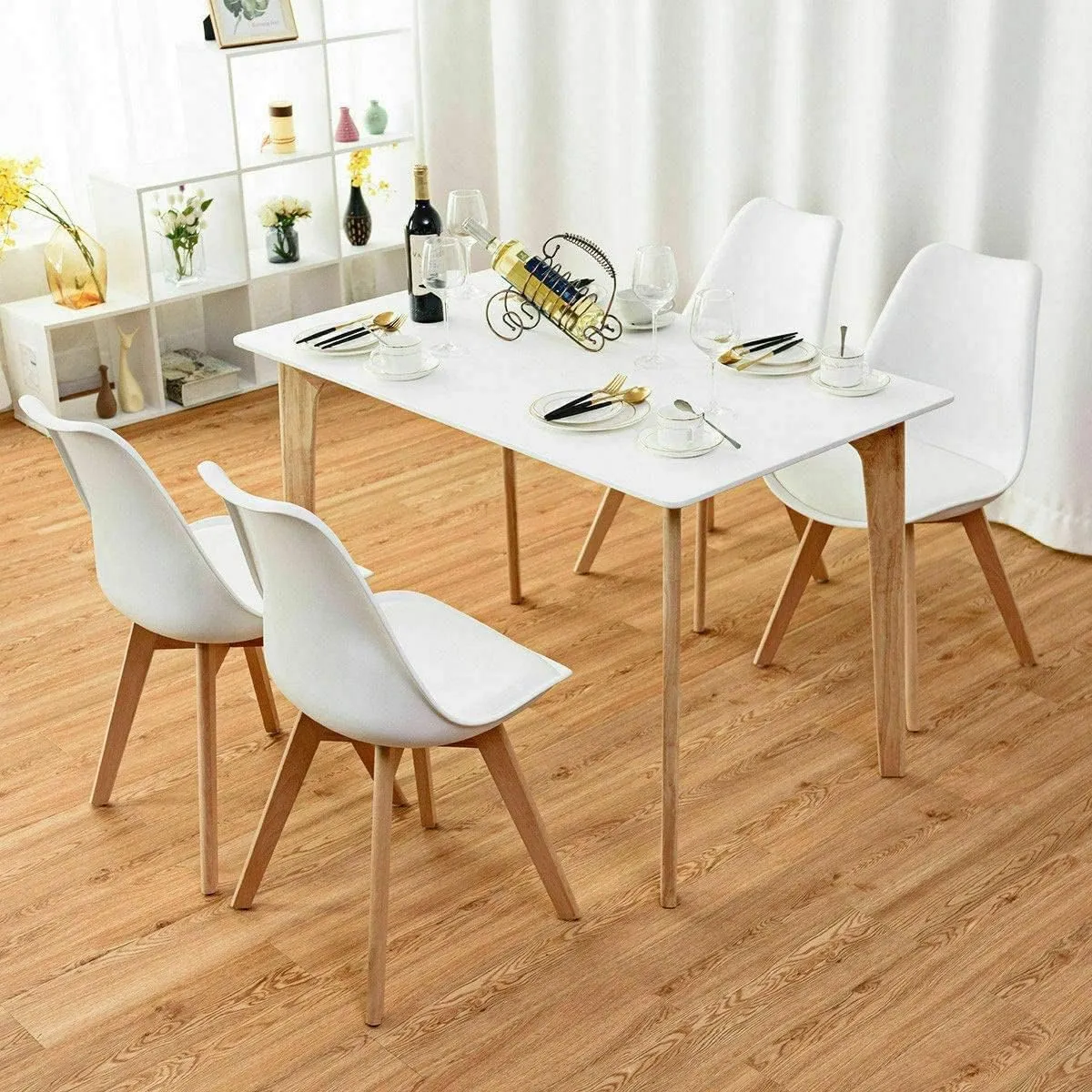 Hysache 4PCS Modern Dining Chairs, High Backrest Armless Chair with Padded Seat & Solid Wood Legs, Mid Century Upholstered Side Chairs for Dining Room, Living Room, Kitchen (White)