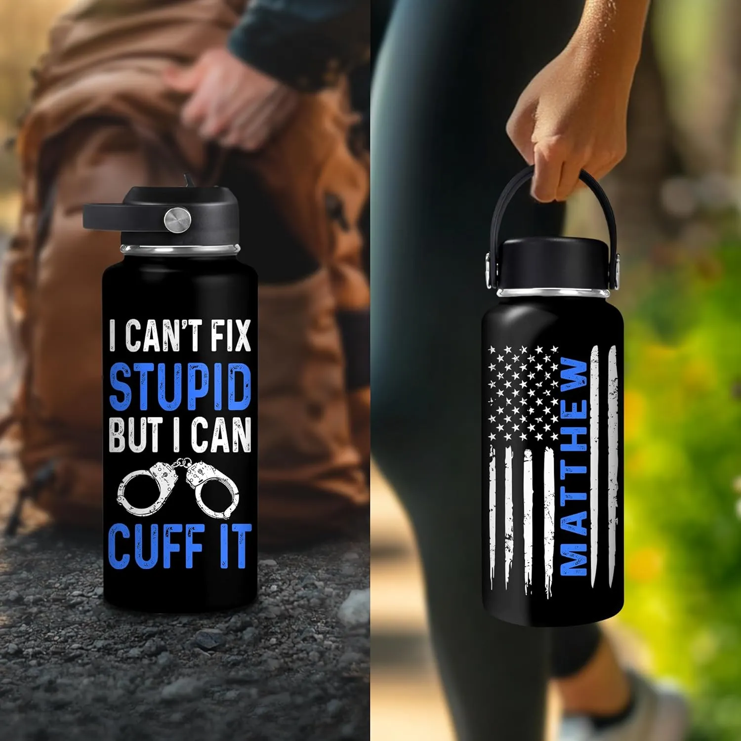 Hyturtle Personalized Police Water Bottle - Insulated Stainless Steel Bottle with Leak-Proof Lid 18 oz 32 oz, Thin Blue Line Flag Gift for Cops, Police Academy Graduation Gifts On Birthday Christmas
