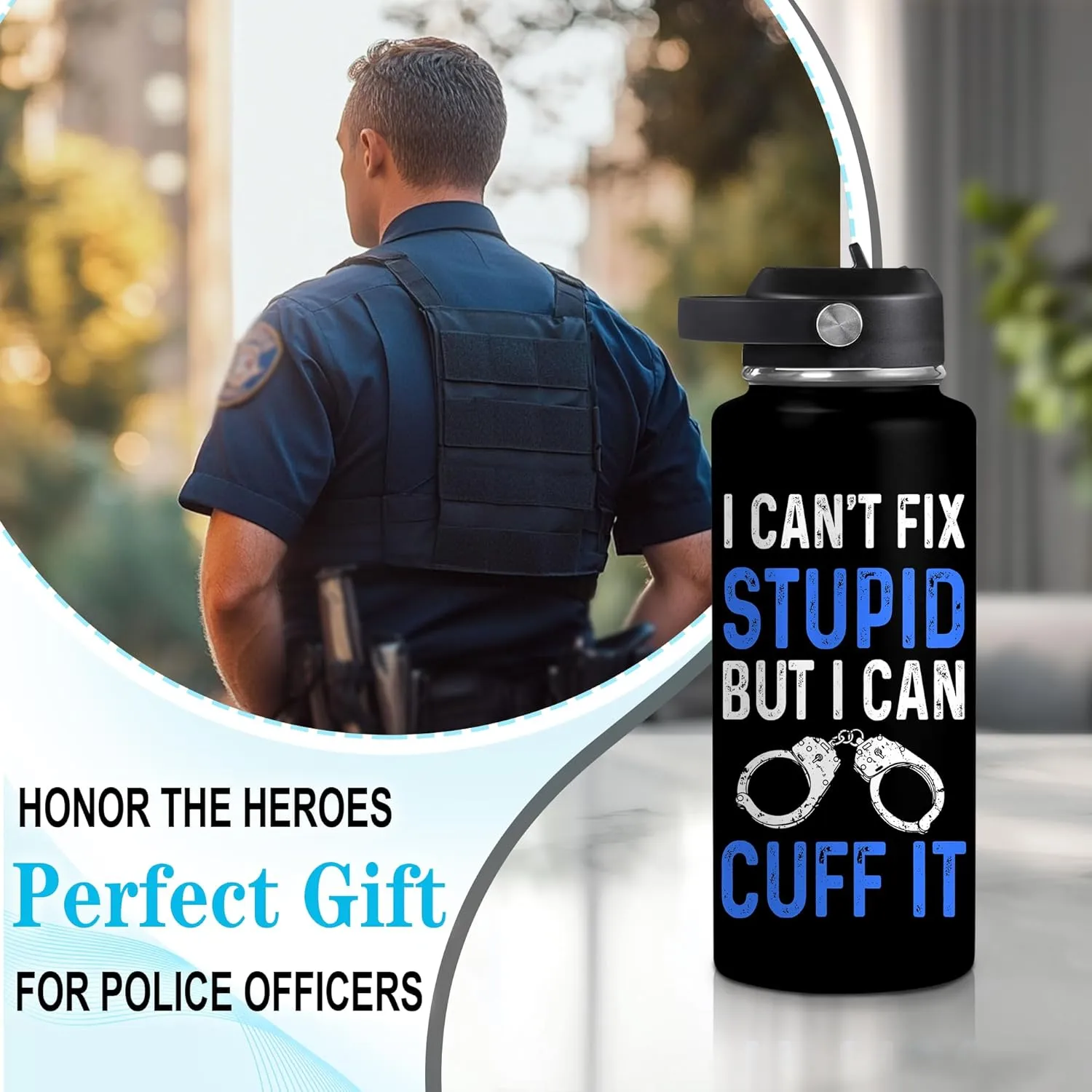 Hyturtle Personalized Police Water Bottle - Insulated Stainless Steel Bottle with Leak-Proof Lid 18 oz 32 oz, Thin Blue Line Flag Gift for Cops, Police Academy Graduation Gifts On Birthday Christmas