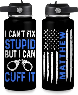 Hyturtle Personalized Police Water Bottle - Insulated Stainless Steel Bottle with Leak-Proof Lid 18 oz 32 oz, Thin Blue Line Flag Gift for Cops, Police Academy Graduation Gifts On Birthday Christmas