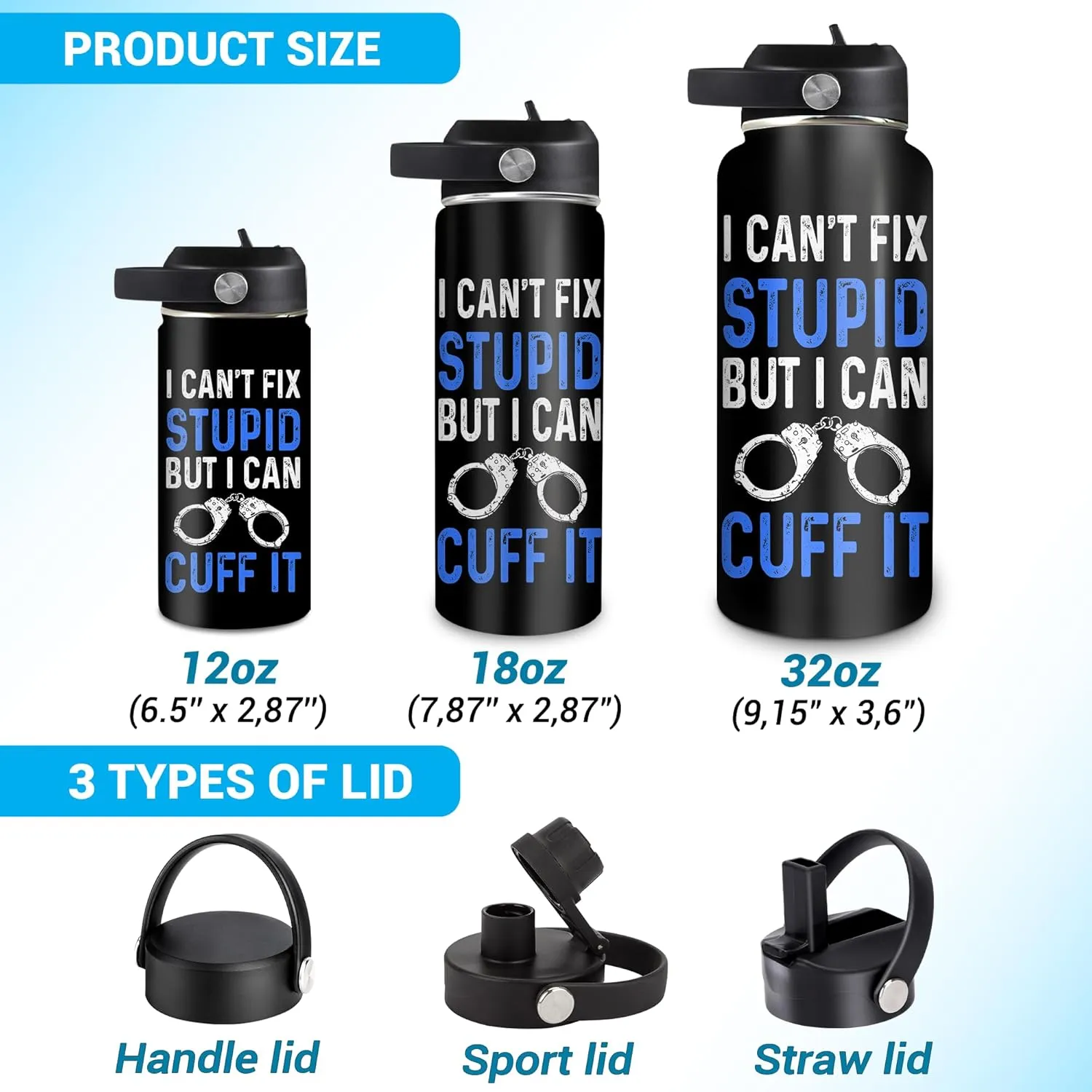 Hyturtle Personalized Police Water Bottle - Insulated Stainless Steel Bottle with Leak-Proof Lid 18 oz 32 oz, Thin Blue Line Flag Gift for Cops, Police Academy Graduation Gifts On Birthday Christmas
