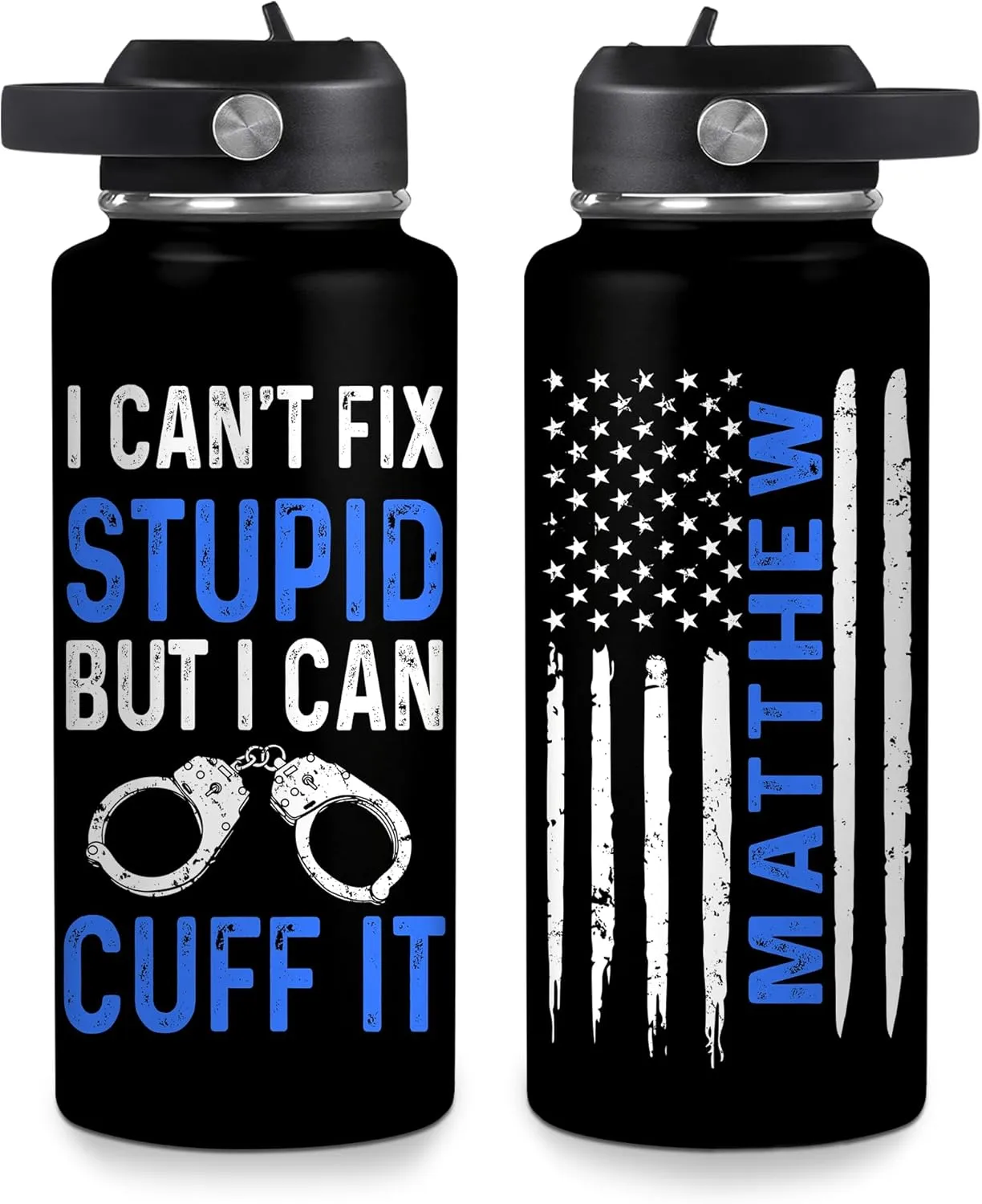 Hyturtle Personalized Police Water Bottle - Insulated Stainless Steel Bottle with Leak-Proof Lid 18 oz 32 oz, Thin Blue Line Flag Gift for Cops, Police Academy Graduation Gifts On Birthday Christmas