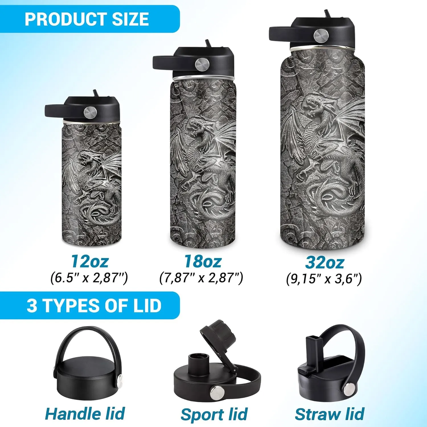 Hyturtle Personalized Viking Water Bottle - Travel Insulated Stainless Steel Bottle with Leak-Proof Lid 18oz 32oz - Dragon Viking Celtic Gifts for Men Dad Dragon Lovers - Birthday & Christmas Gift