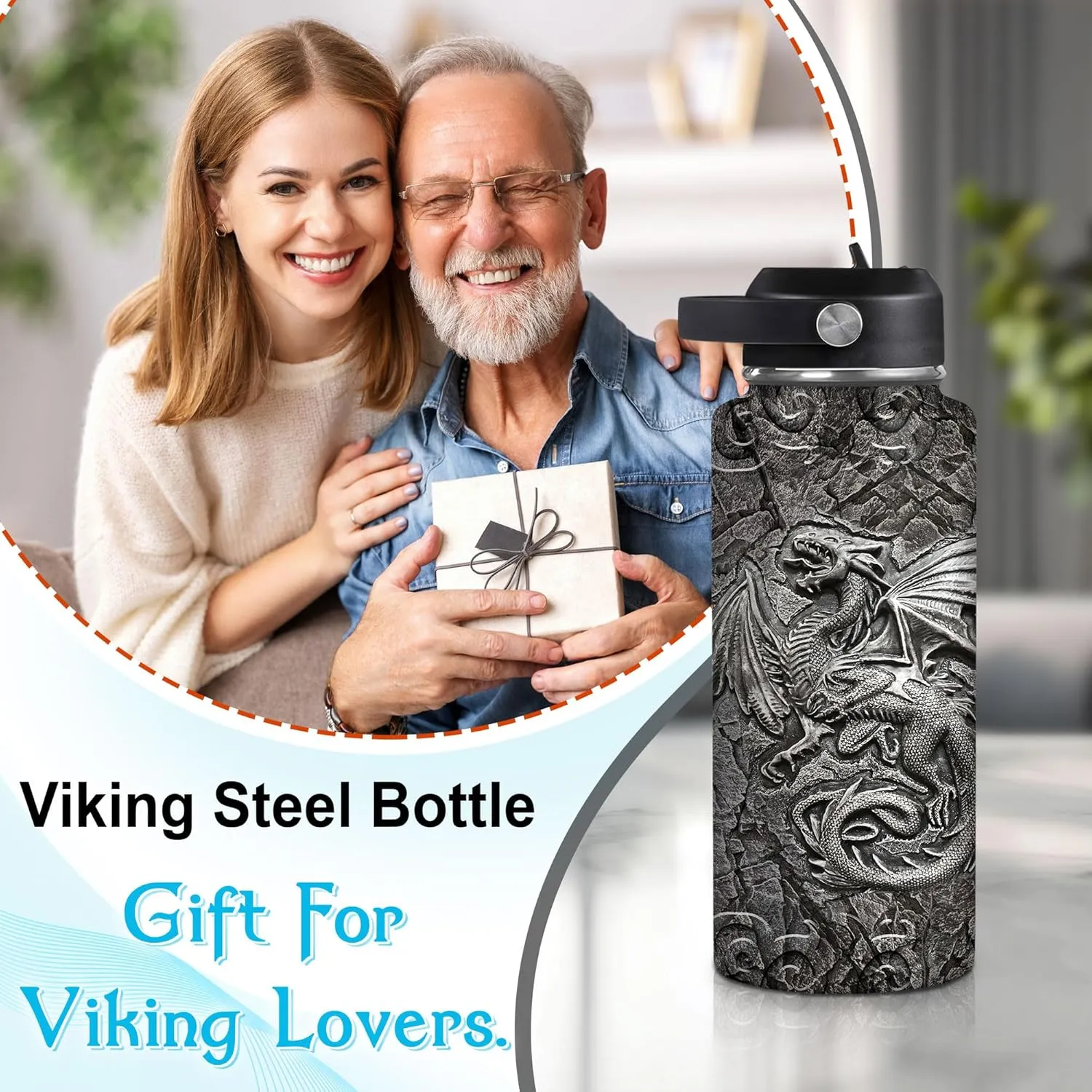 Hyturtle Personalized Viking Water Bottle - Travel Insulated Stainless Steel Bottle with Leak-Proof Lid 18oz 32oz - Dragon Viking Celtic Gifts for Men Dad Dragon Lovers - Birthday & Christmas Gift