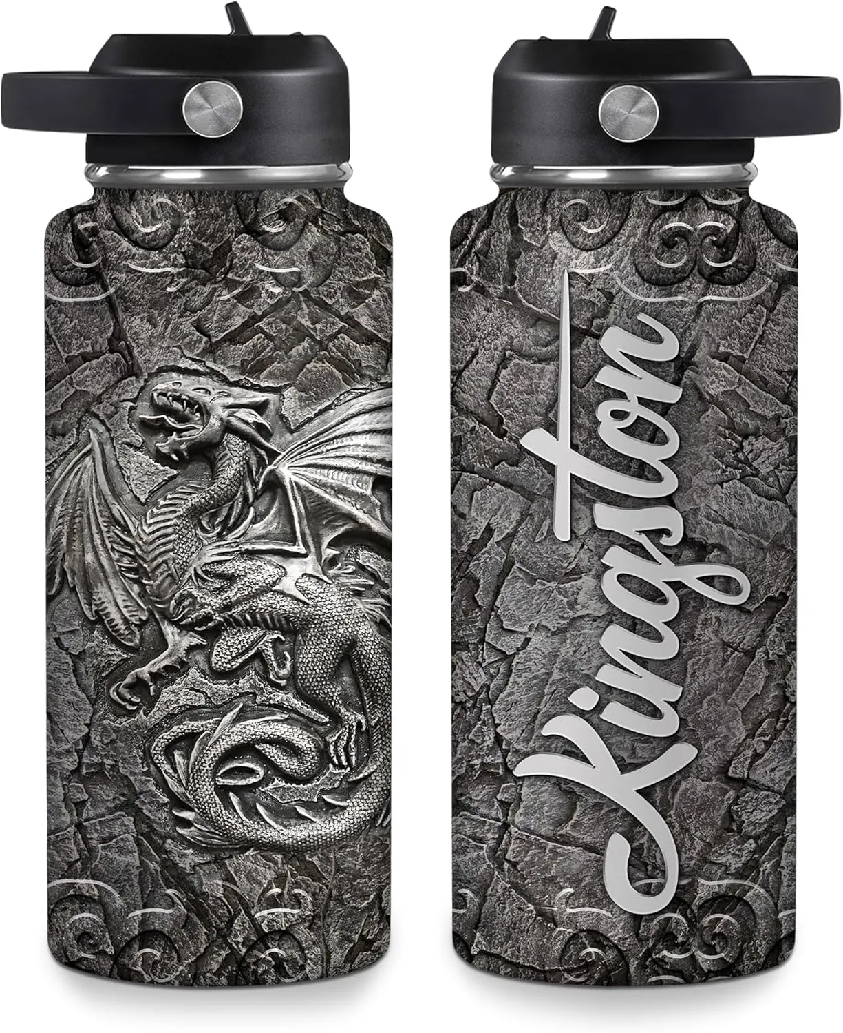 Hyturtle Personalized Viking Water Bottle - Travel Insulated Stainless Steel Bottle with Leak-Proof Lid 18oz 32oz - Dragon Viking Celtic Gifts for Men Dad Dragon Lovers - Birthday & Christmas Gift