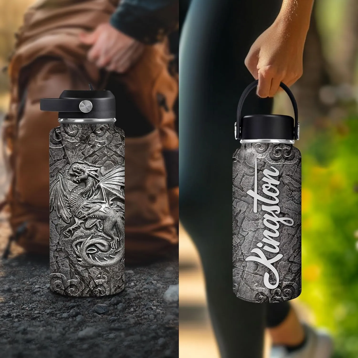 Hyturtle Personalized Viking Water Bottle - Travel Insulated Stainless Steel Bottle with Leak-Proof Lid 18oz 32oz - Dragon Viking Celtic Gifts for Men Dad Dragon Lovers - Birthday & Christmas Gift