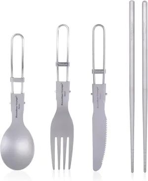 iBasingo Titanium Spork Spoon Fork Knife with Folding Handle Ultralight Dinnerware Utensils for Camping Outdoor Picnic Hiking Travel Home use